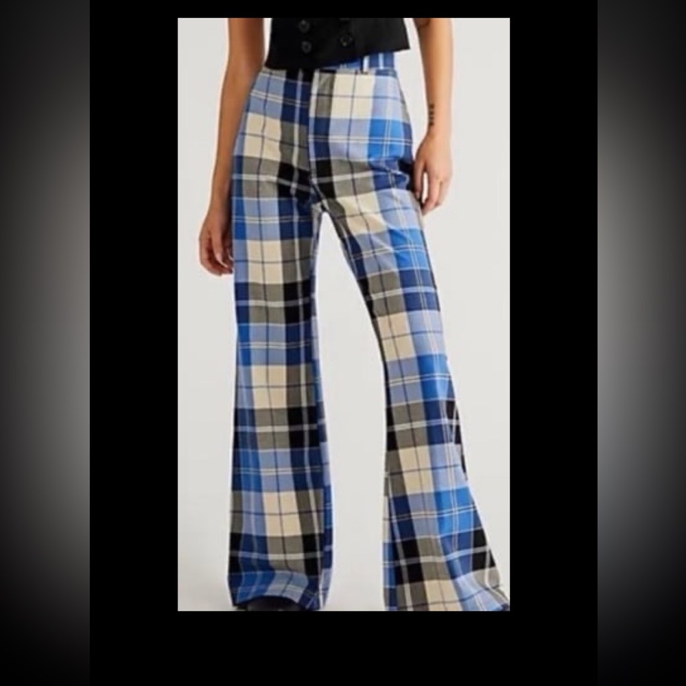 Free People Blue Plaid Wide-Leg Trousers